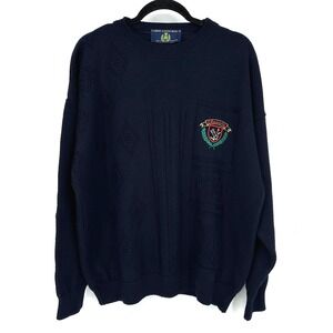CLARNEY‎ CASTLE DESIGNS Mens Navy Wool Golf Crest Sweater XL Made in Ireland